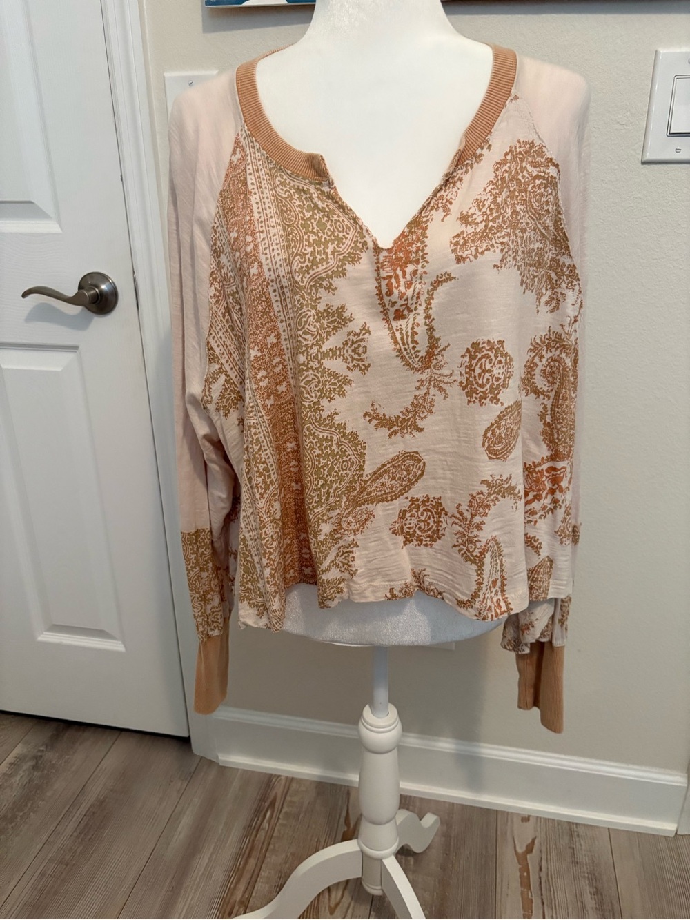 We The Free Beige and Tan Paisley V-Neck flowy shirt